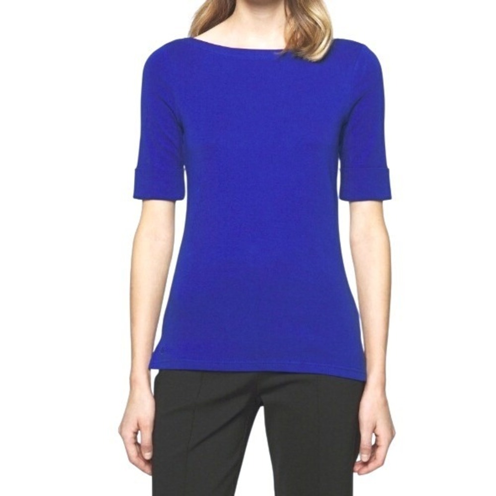 Lauren Ralph Lauren Royal Blue Boatneck Cuff Sleeve Preppy Capsule Basic Tee M